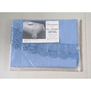 Vintage Tablecloth Round Blue Floral Lace Edge 67" Soil Release NOS Made in USA